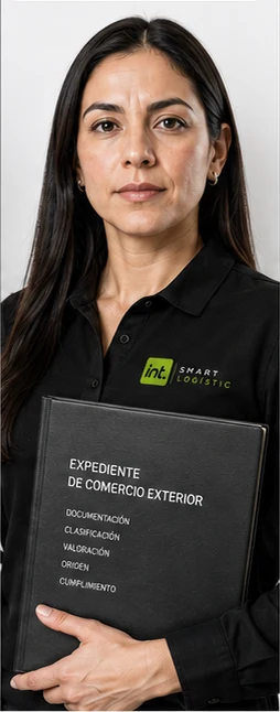 Especialista ficticia de aduanas con polo INT y expediente de comercio exterior.