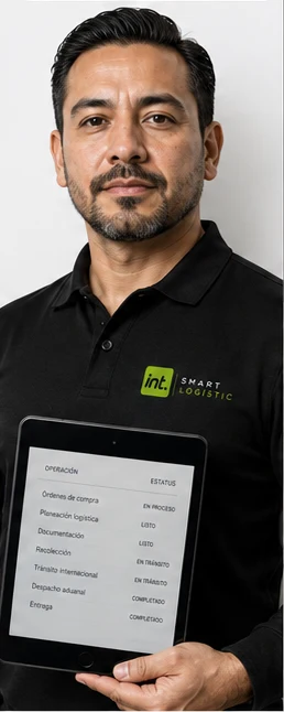 Especialista ficticio de logística con polo INT y una tableta operativa.